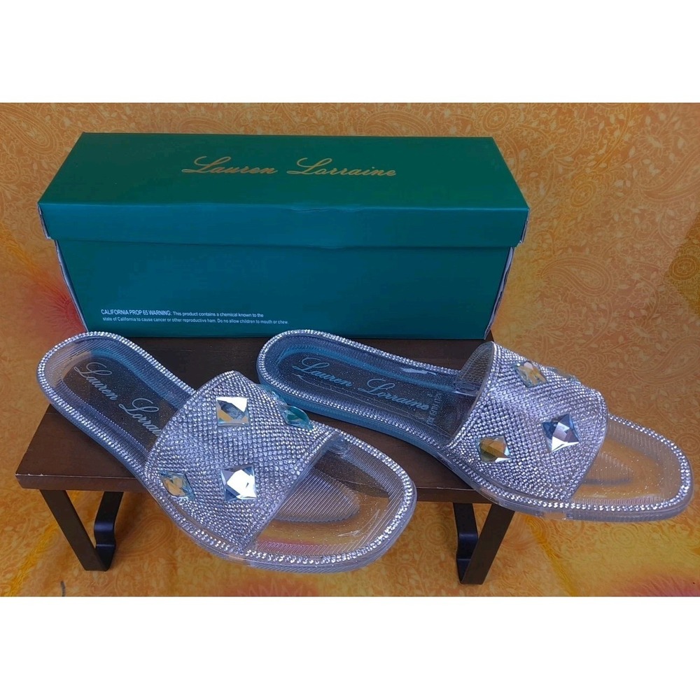 NIB Lauren Lorraine Silver Clear Bianca Sparkle Rhinestone Slides Size 9.5 M095